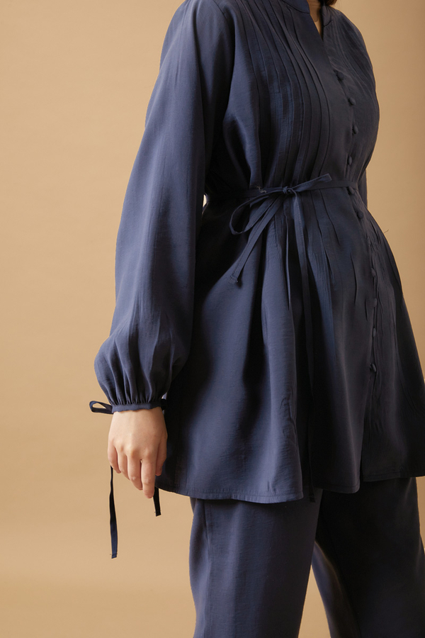 Pin Tuck Detail Pants Set Navy Blue - 5