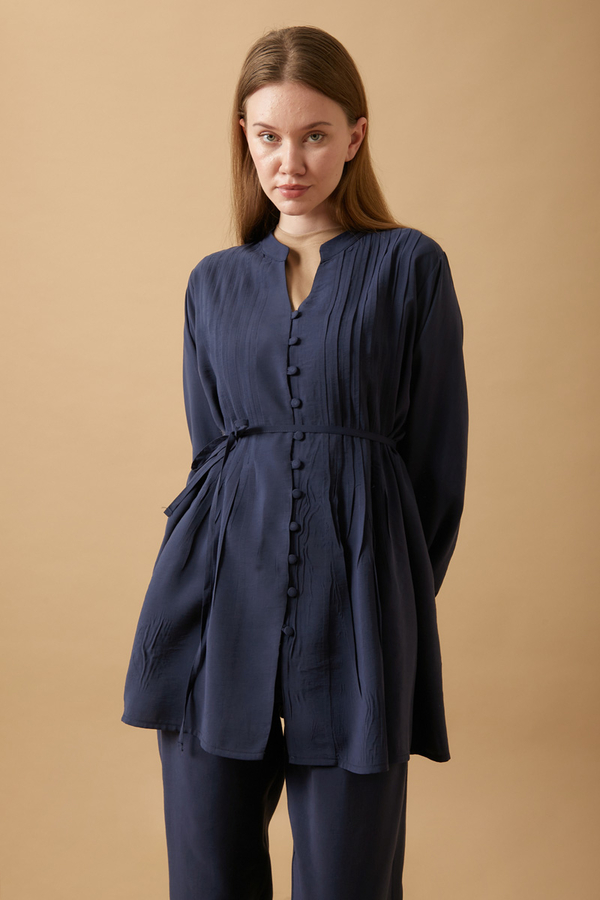 Pin Tuck Detail Pants Set Navy Blue - 6