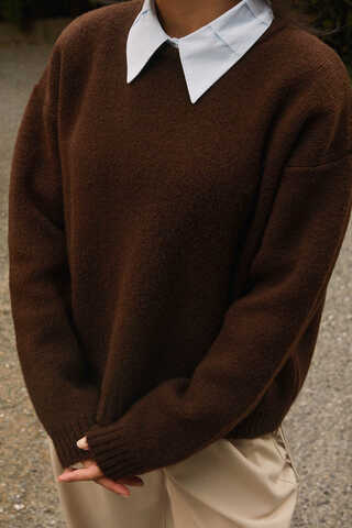 Piped Oversize Knit Sweater Brown - 1