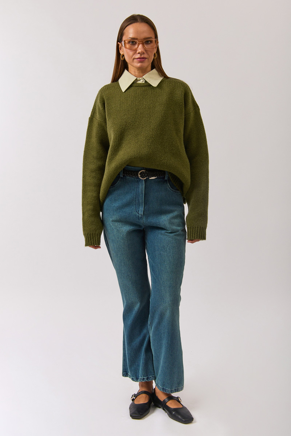 Piped Oversize Knit Sweater Khaki - 6