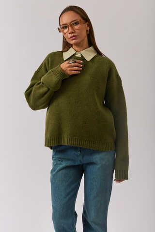 Piped Oversize Knit Sweater Khaki - 15