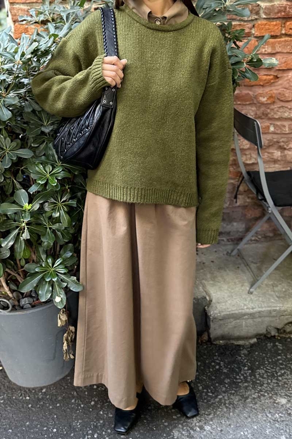 Piped Oversize Knit Sweater Khaki - 3