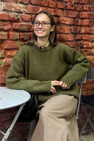 Piped Oversize Knit Sweater Khaki