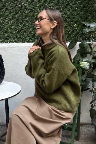 Piped Oversize Knit Sweater Khaki - 4