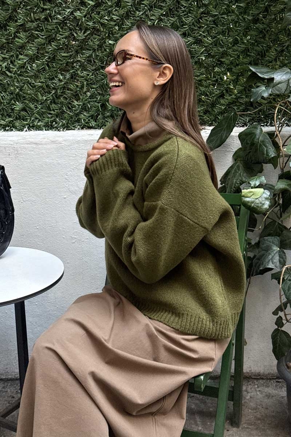 Piped Oversize Knit Sweater Khaki - 4