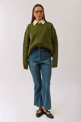 Piped Oversize Knit Sweater Khaki - 6