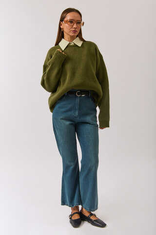Piped Oversize Knit Sweater Khaki - 7