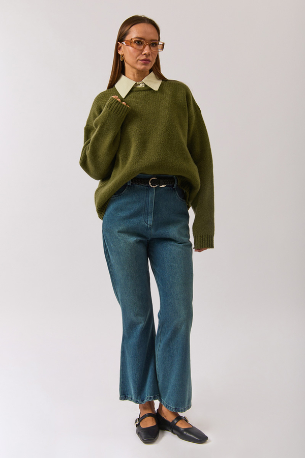Piped Oversize Knit Sweater Khaki - 7