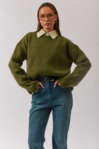 Piped Oversize Knit Sweater Khaki - 8