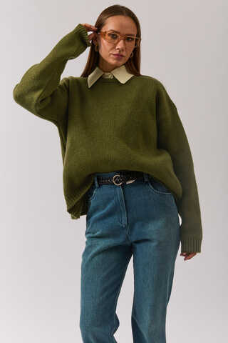 Piped Oversize Knit Sweater Khaki - 10