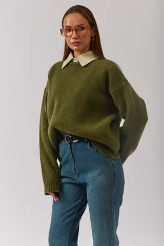 Piped Oversize Knit Sweater Khaki - 12