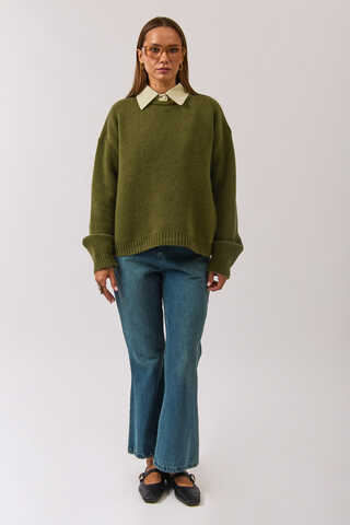 Piped Oversize Knit Sweater Khaki - 13