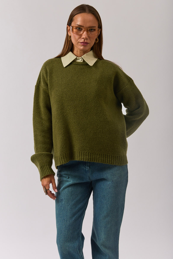 Piped Oversize Knit Sweater Khaki - 14