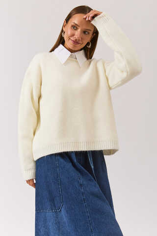 Piped Oversize Knit Sweater White - 5