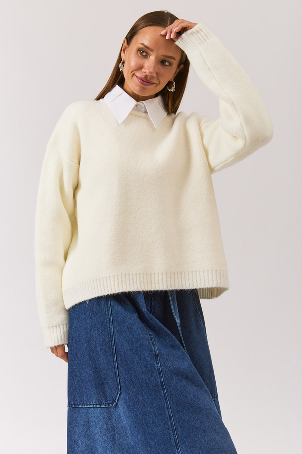 Piped Oversize Knit Sweater White - 5