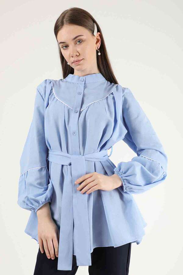 Piping Detail Belted Shirt Baby Blue - 1