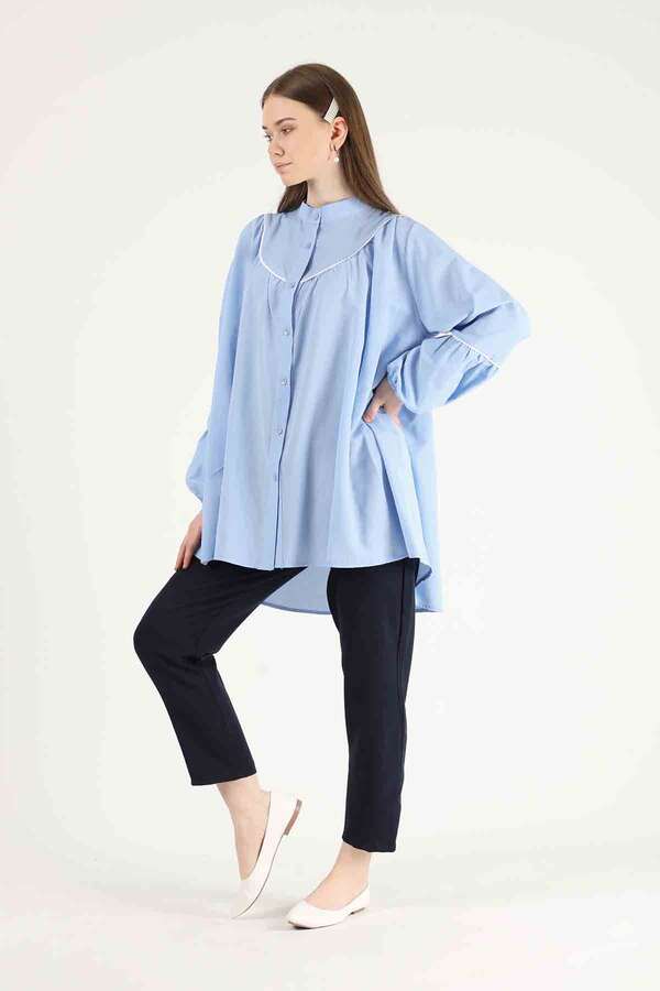 Piping Detail Belted Shirt Baby Blue - 2