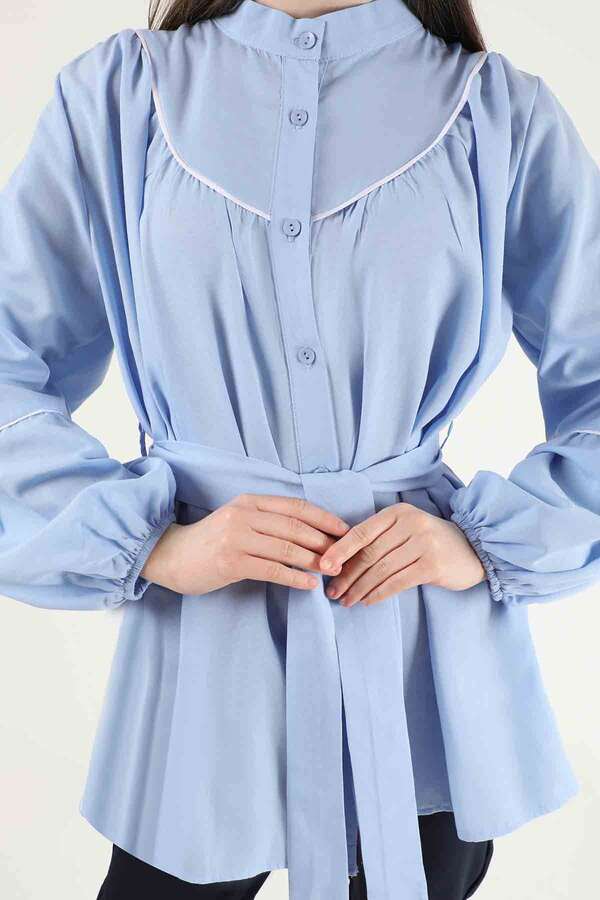 Piping Detail Belted Shirt Baby Blue - 3