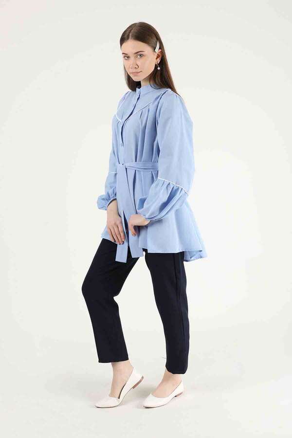 Piping Detail Belted Shirt Baby Blue - 4