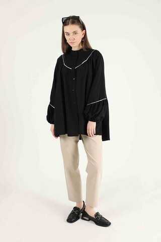 Piping Detail Belted Shirt Black - 3