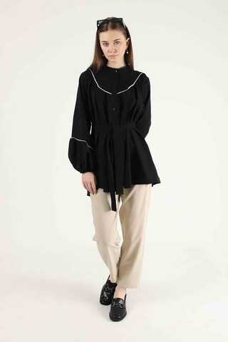 Piping Detail Belted Shirt Black - 1