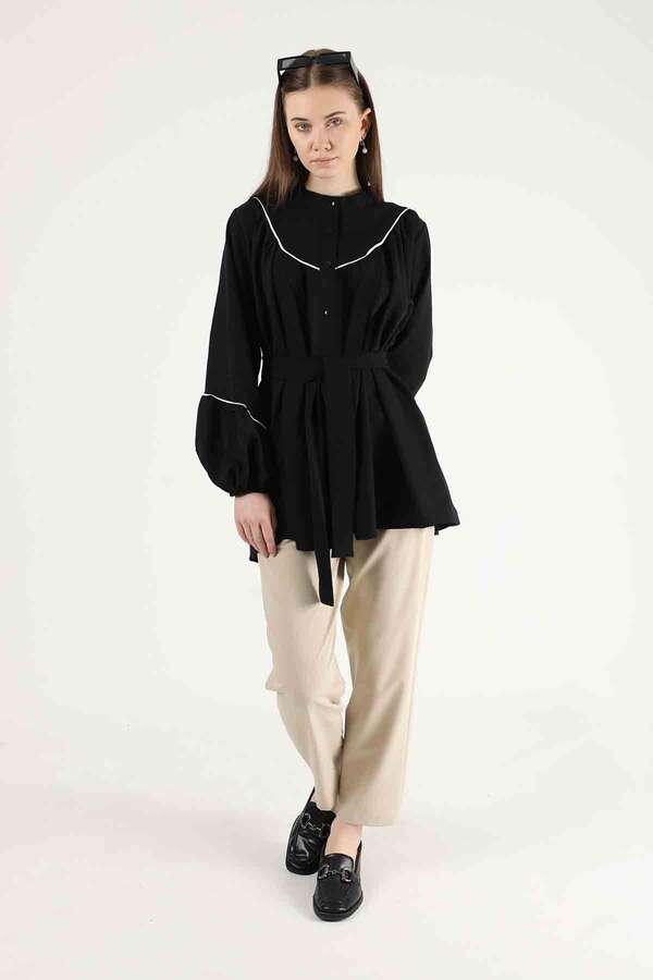 Piping Detail Belted Shirt Black - 1