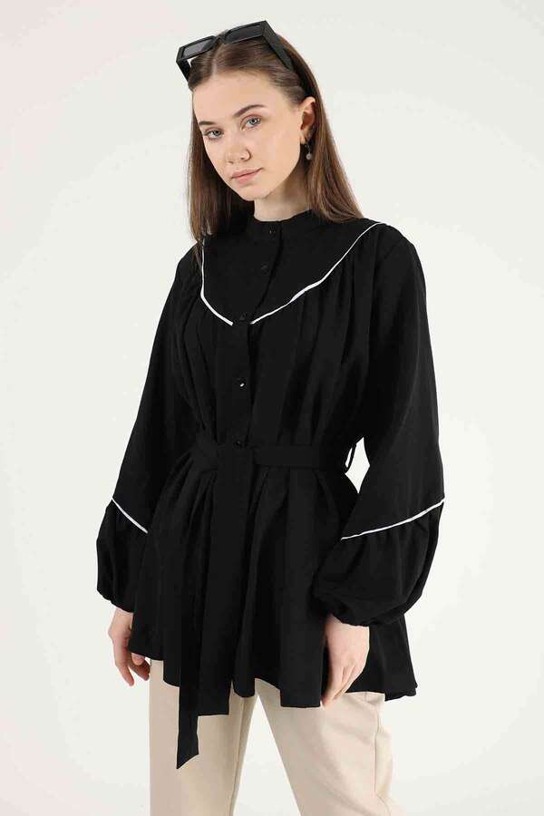 Piping Detail Belted Shirt Black - 4