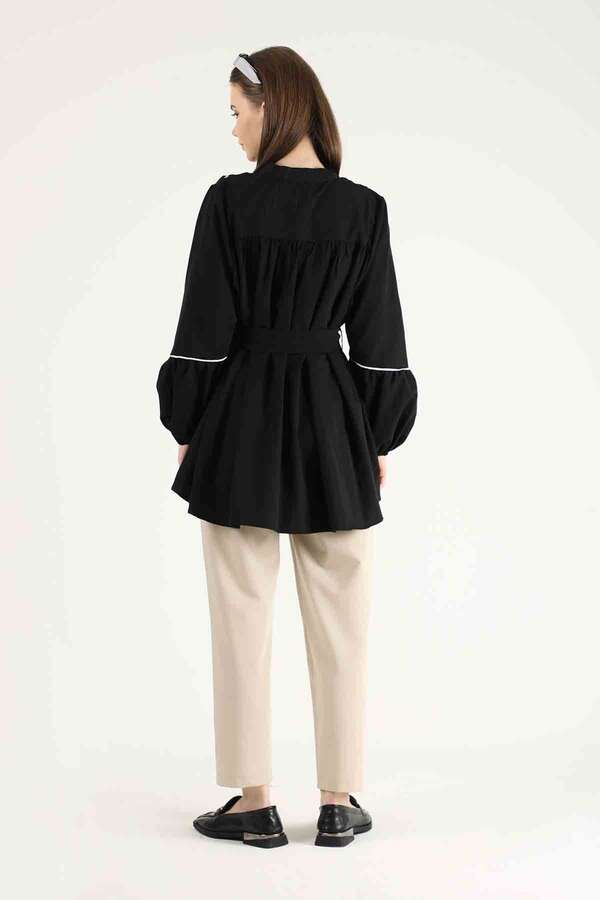 Piping Detail Belted Shirt Black - 5