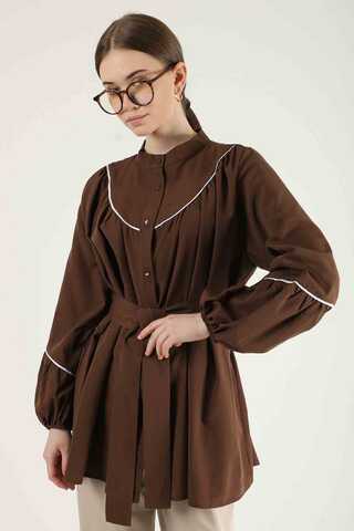 Piping Detail Belted Shirt Brown - 2
