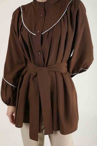 Piping Detail Belted Shirt Brown - 4