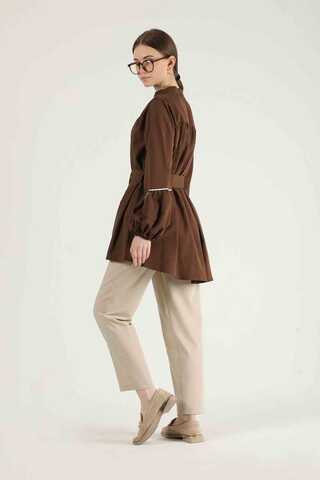 Piping Detail Belted Shirt Brown - 5