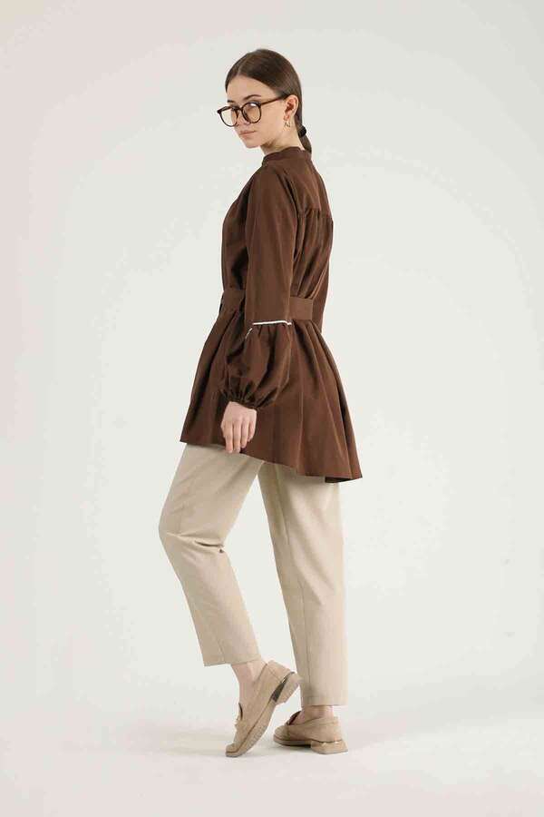 Piping Detail Belted Shirt Brown - 5
