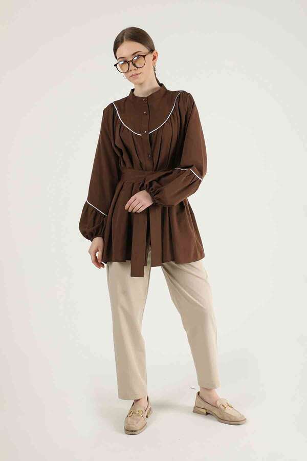 Piping Detail Belted Shirt Brown - 1