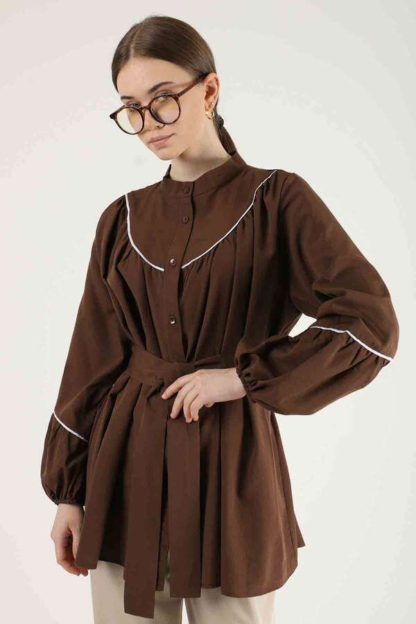 Piping Detail Belted Shirt Brown - 2