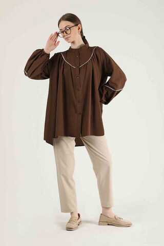 Piping Detail Belted Shirt Brown - 3