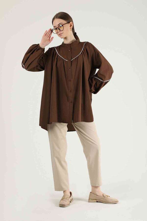Piping Detail Belted Shirt Brown - 3