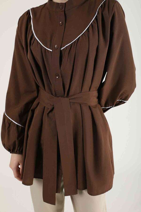 Piping Detail Belted Shirt Brown - 4