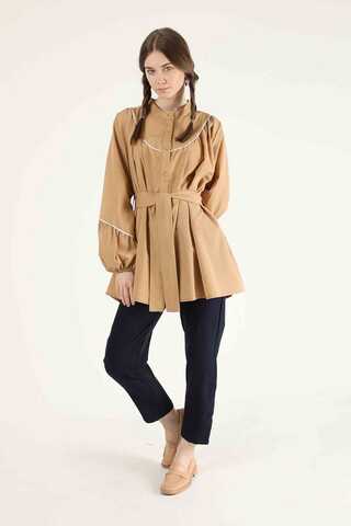 Piping Detail Belted Shirt Camel - 1