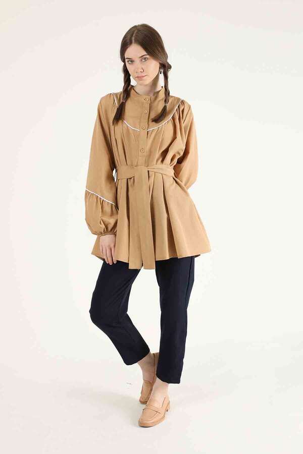 Piping Detail Belted Shirt Camel - 1