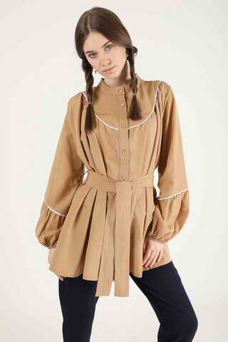 Piping Detail Belted Shirt Camel - 2