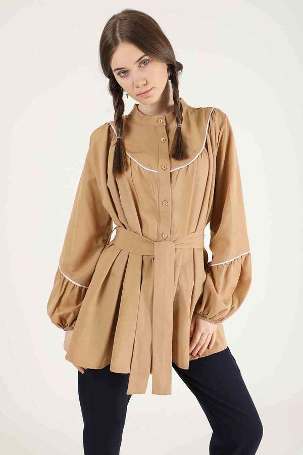 Piping Detail Belted Shirt Camel - 2