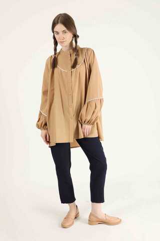 Piping Detail Belted Shirt Camel - 3