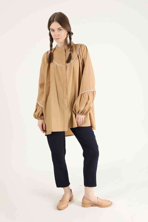 Piping Detail Belted Shirt Camel - 3