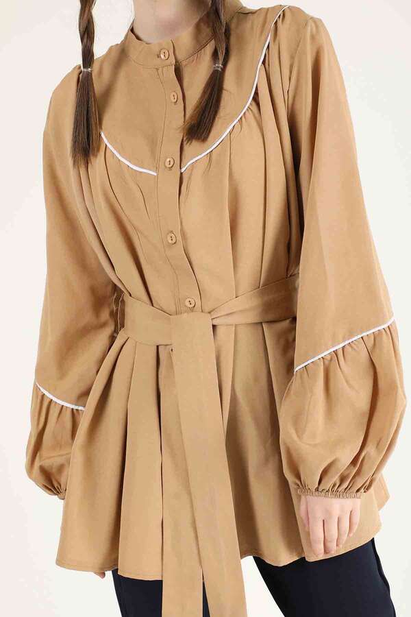 Piping Detail Belted Shirt Camel - 4