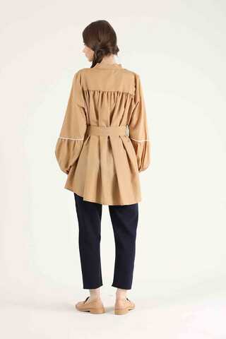 Piping Detail Belted Shirt Camel - 5