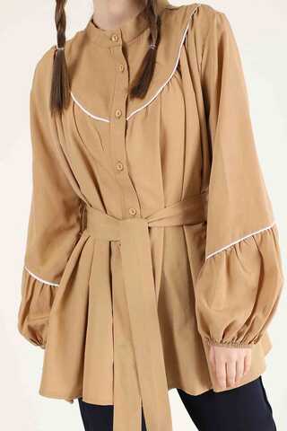 Piping Detail Belted Shirt Camel - 4