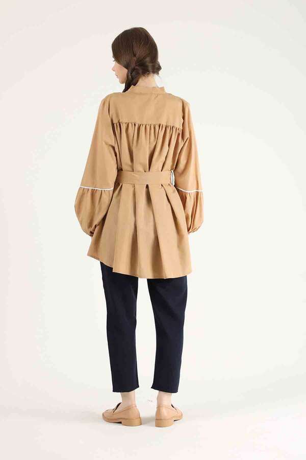 Piping Detail Belted Shirt Camel - 5