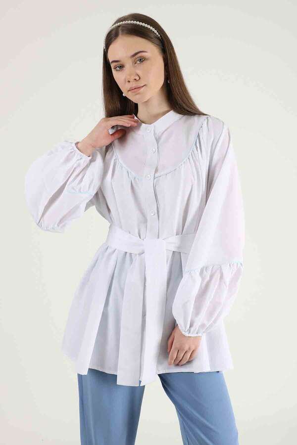 Piping Detail Belted Shirt Ecru - 2