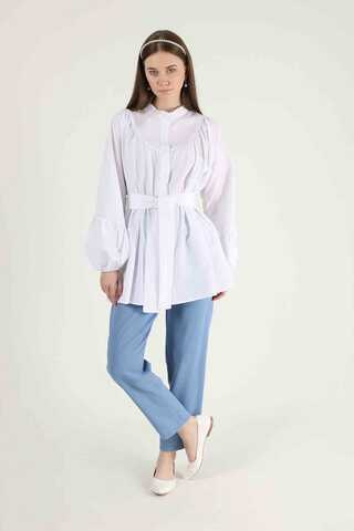 Piping Detail Belted Shirt Ecru - 1