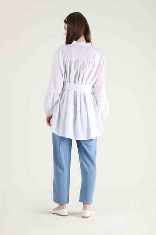 Piping Detail Belted Shirt Ecru - 5